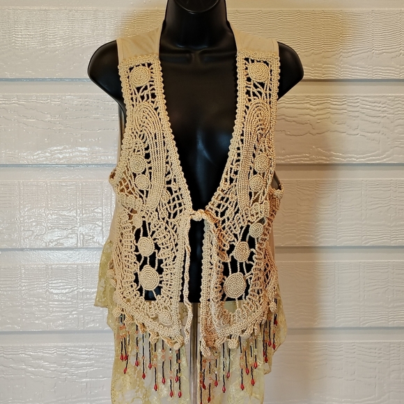 Awake by OS Boho Hippie Crochet Vest Lace  Beads SZ  XL Festival Cowgirl Chic - Picture 1 of 12